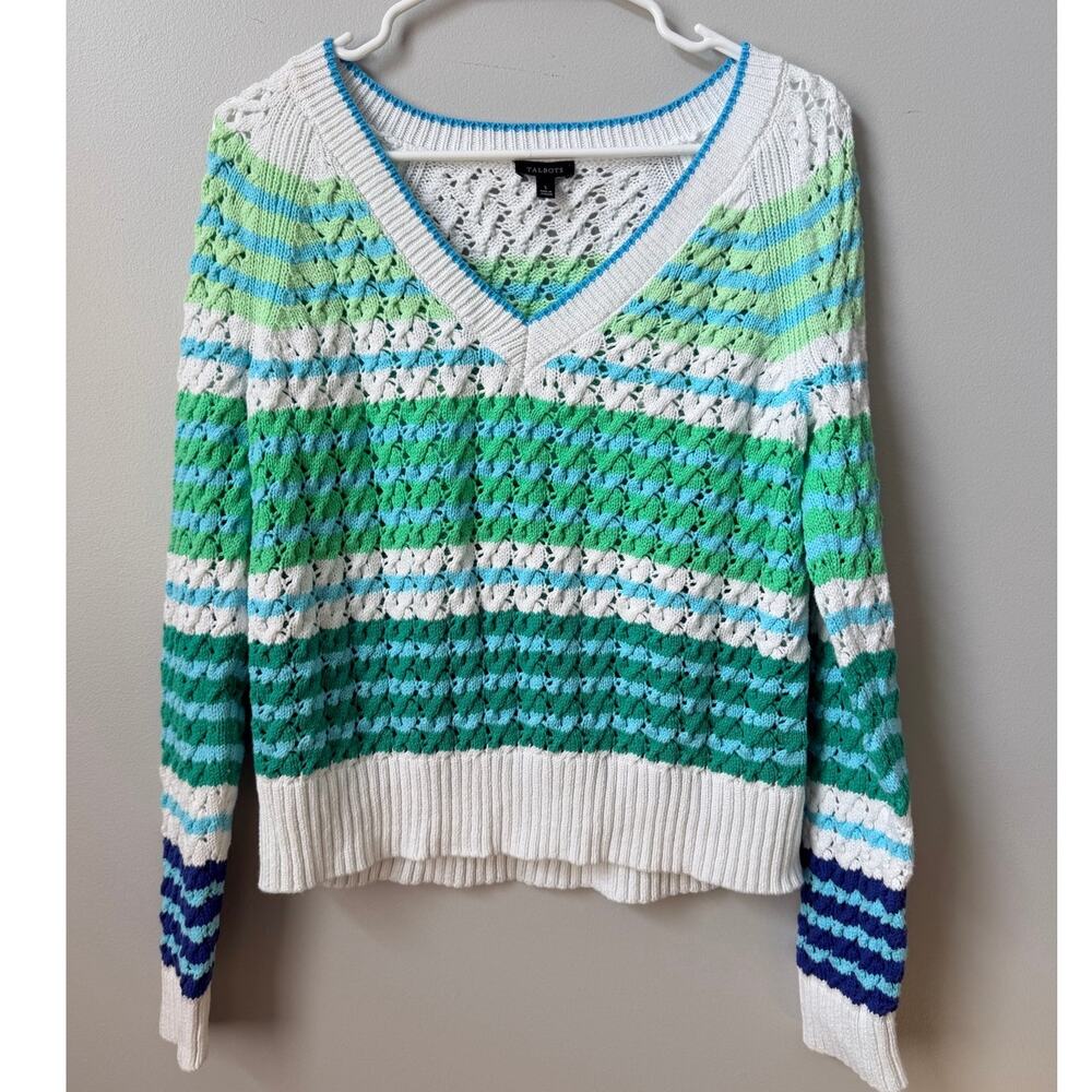 Talbots Cotton Pointelle Open Knit Striped Sweater Women's Small S Blue Green
